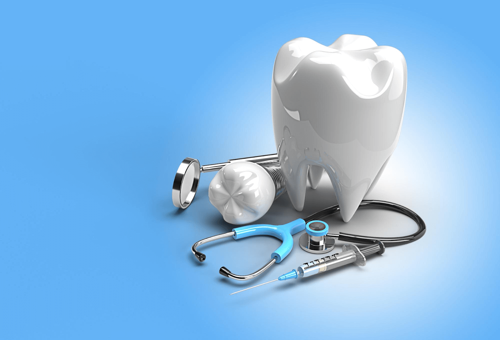 A picture of a molar surrounded by dental treatment tools.