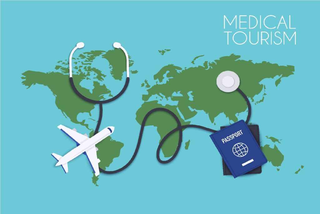 Health tourism illustration of a plane going around the globe